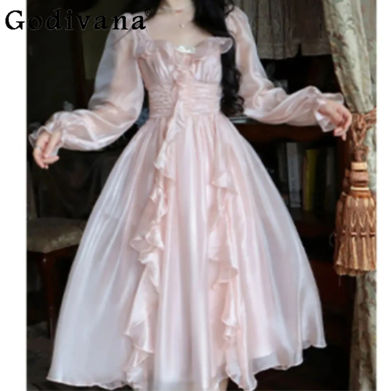 Spring 2026 New Chiffon Heavy Industry Plus Size Women Ruffles Fairy Dress Elegant Pink High Waist Sweet Long Sleeve Dresses