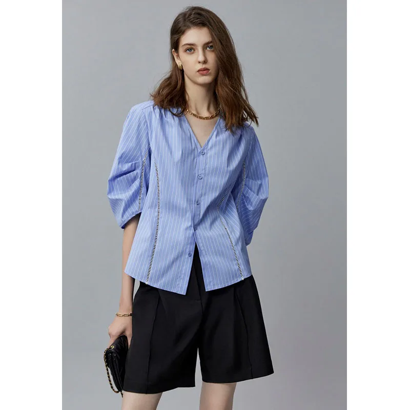 Ele Bubble Sve irt V-Ne Loose Versatile ort Sve Summer Thin Commute Anti-Aging Design Sense Top Women's Faion