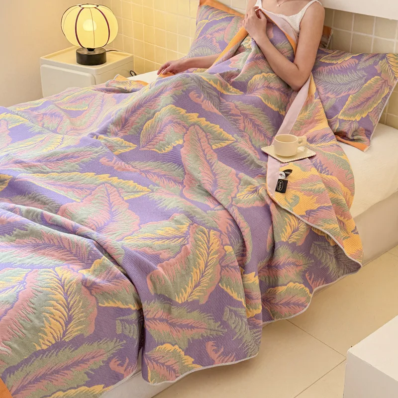 Luxury Long-Staple Cotton Jacquard Woven 3-Layer Gauze Toweling Coverlet - Breathable All-Season Throw Blanket for Home & Travel