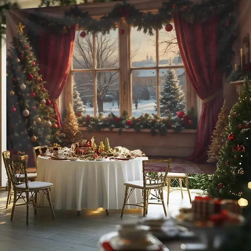 1pc Extra Large Christmas Winter Scene Tapestry - Elegant Snowy Window Decoration with Red Curtains, Table Setting - No Electric
