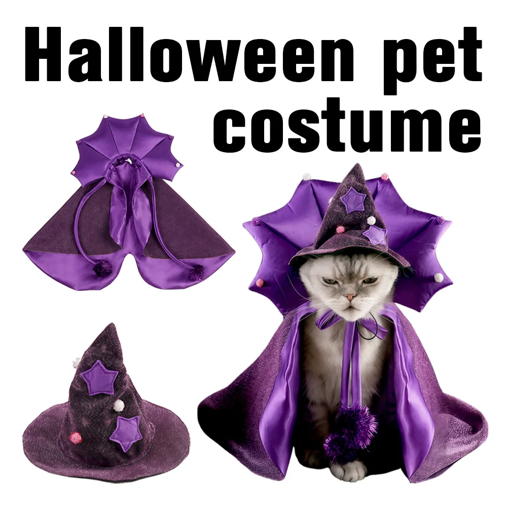 

Halloween Pet Cloak Costume and Wizard Hat Halloween Cat Costumes Funny Bat Outfit Party Dress-Up for Dogs Cats