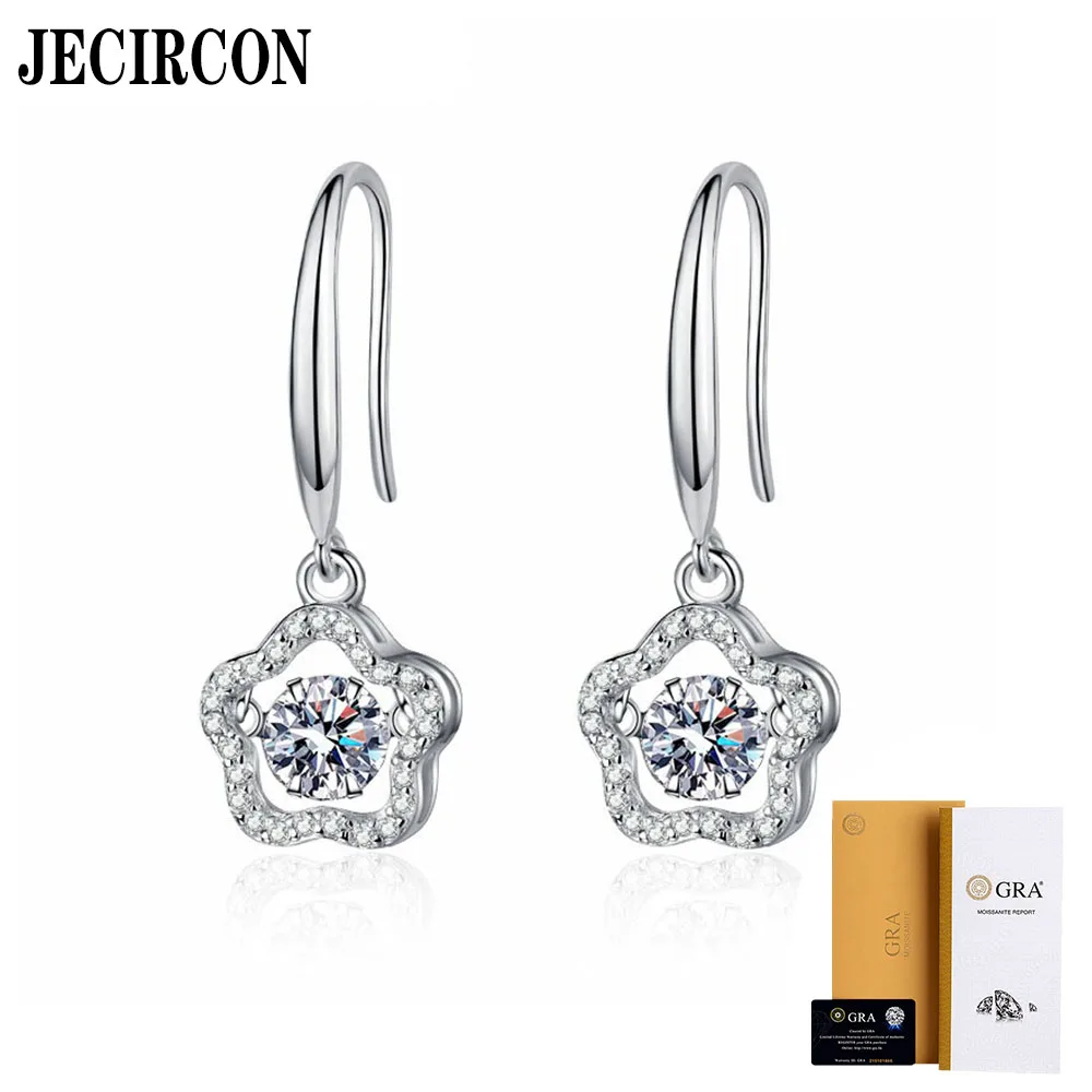 

JECIRCON S925 Sterling Silver Earrings for Women Shiny Moissanite Plum Blossom Smart Ear Hooks 1 Carat Moissanite Fine Jewelry