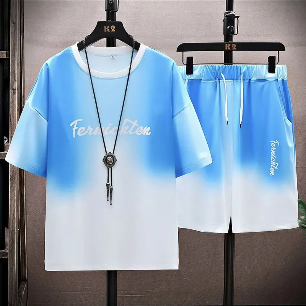 New hot-selling summer couple ice silk set, loose Korean-style casual unisex sports T-shirt and shorts, fashionable quick-dry view 5