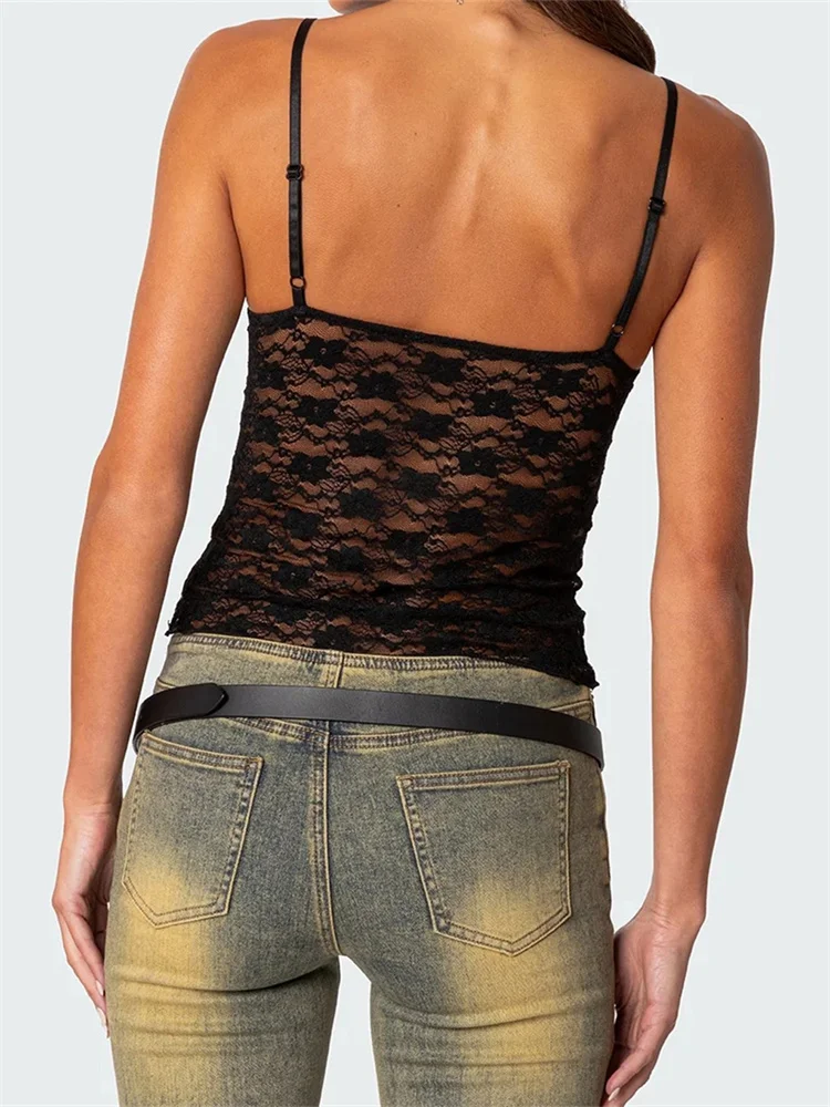 CHRONSTYLE-camisetas sin mangas Y2K con tirantes para mujer, Tops con cuello de pico, malla de encaje transparente, Mini chaleco ajustado, ropa de