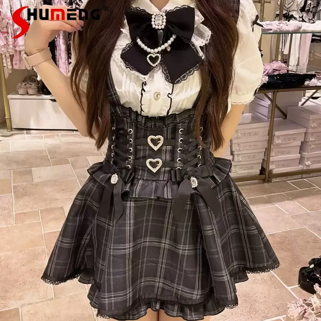 

Japanese Mine Style LIZ Detachable Suspender Skirts Heart Button Ribbon Bow High Waist A-line Sweet Versatile Lolita Skirt Women