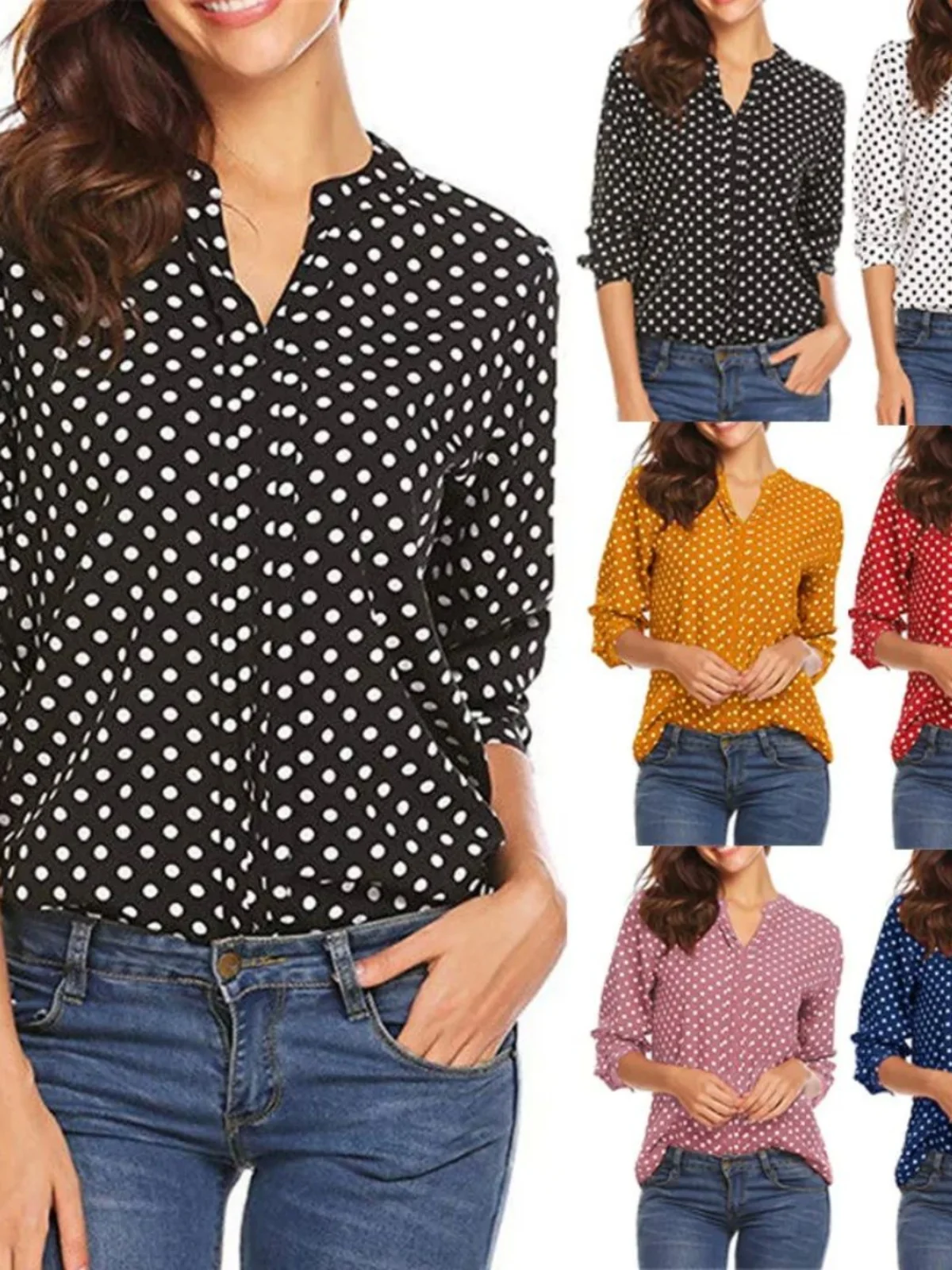 Stampa a pois V-ne Lungo Sve irt Street Sle Tessuto in poliestere rotondo Ne Design Vestibilità regolare Lunghezza tubo dritto Autunno Fa...