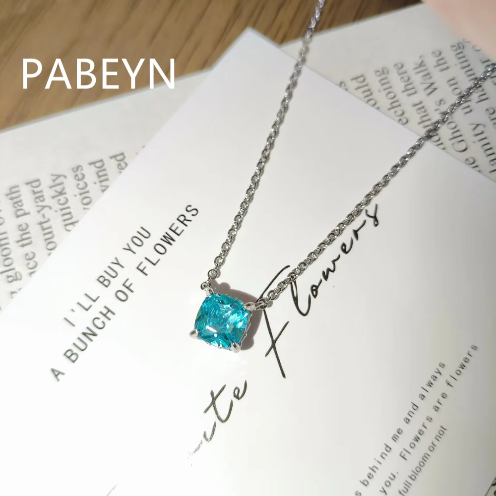 925 Sterling Silver Fashion Light Luxury Four-claw Sugar Cube Paraiba Pendant Necklace Ring Bracelet Stud Earrings Set