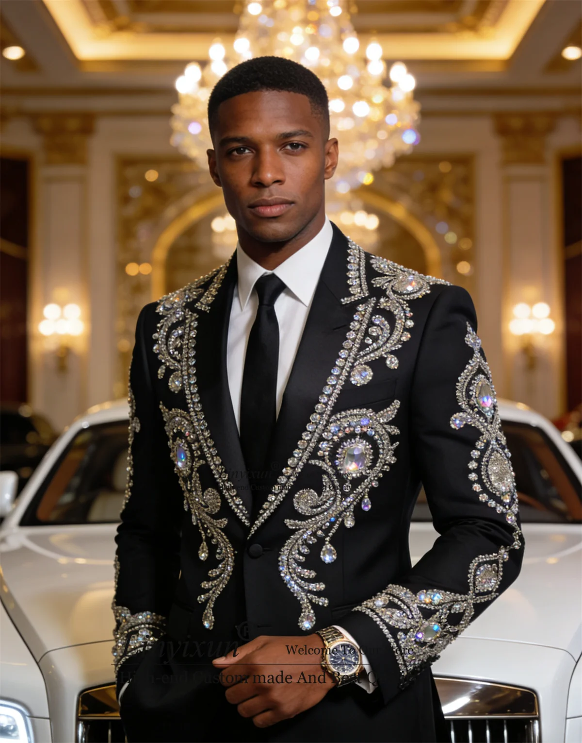 

Luxury Jewelry Ornament Men Suit Customized Peaked Lapel Groom Party Male Prom Blazers 3 Pieces Set Wedding Party ropa hombre