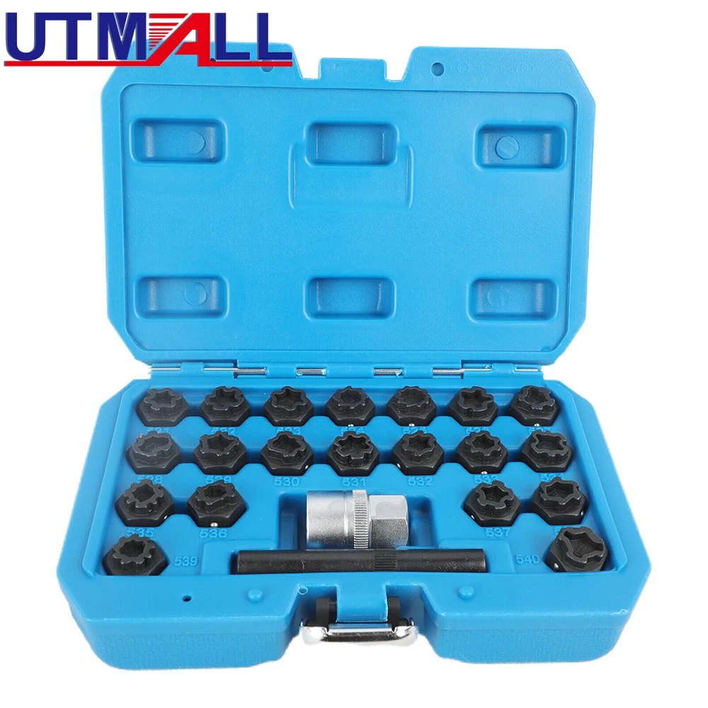 

22pcs Wheel Lock Lug Nut Removal Key Socket Set Anti-Theft Screw Kit for VW special keys and a long 1/2" square drive adapter