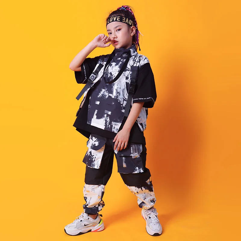 Pakaian Hip Hop anak, Turtleneck jaket tanpa lengan atasan Camo celana kargo taktis untuk anak perempuan anak laki-laki kostum tari pakaian jalan