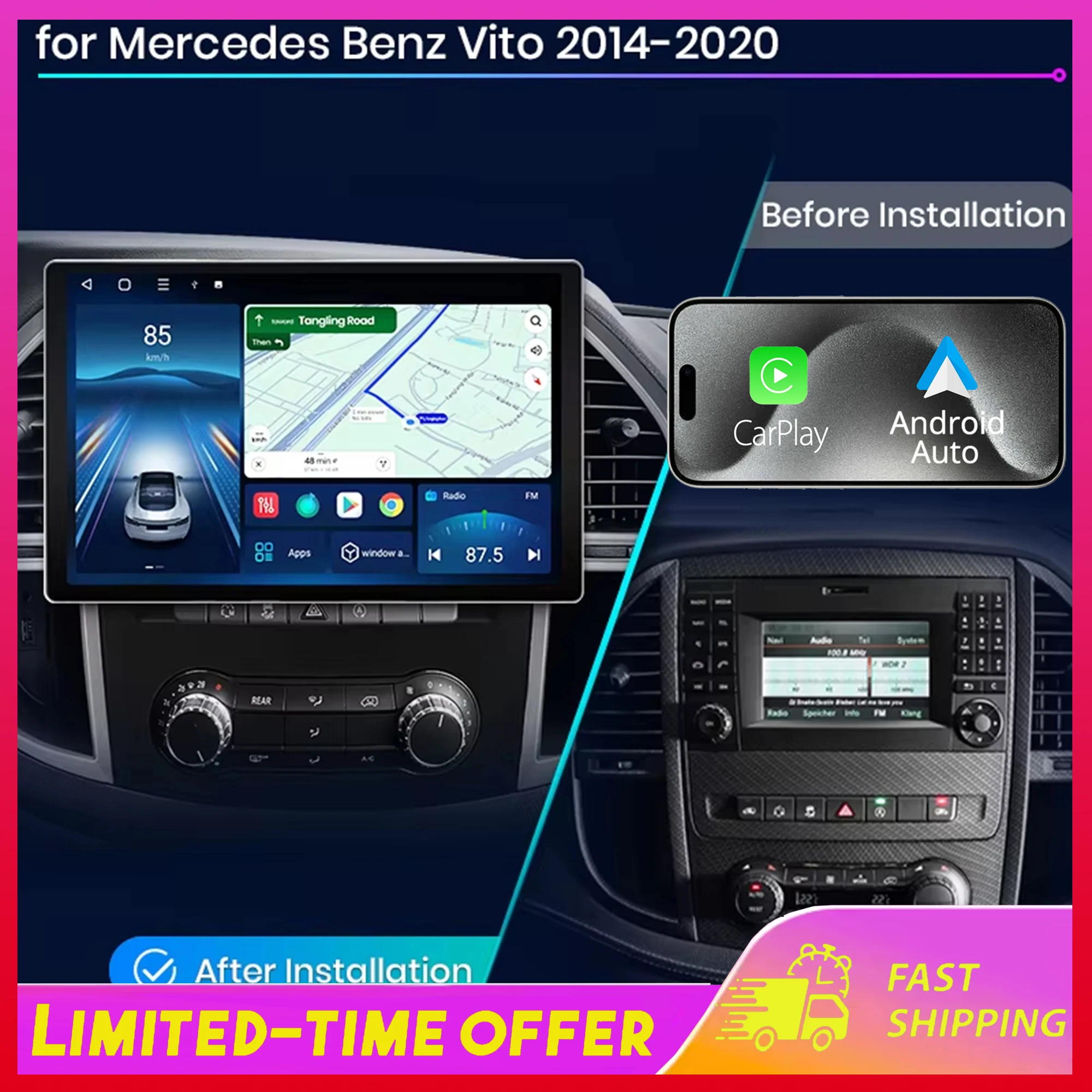 Autoradio Android 15 de 13,1 pouces pour CarPlay, compatible avec Mercedes Benz Vito W447 2014-2020, systèmes intelligents, électronique multimédia