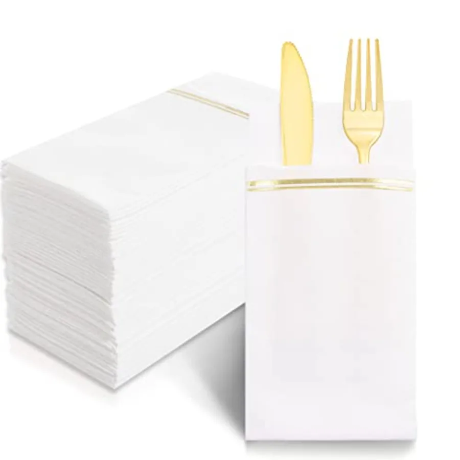 

100PCS Paper Napkins with Built-in Flatware Pocket - and Prefolded Cloth Like Disposable Napkins - Heavy-duty Linen-Feel Dinner