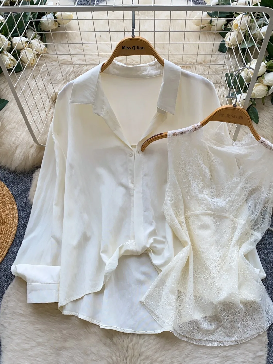 Casual Commute Style Women's Long Sleeve Open Cardigan Shirt Two-Piece Set Flip Collar Sun Protection Loose Fit Autumn Wear