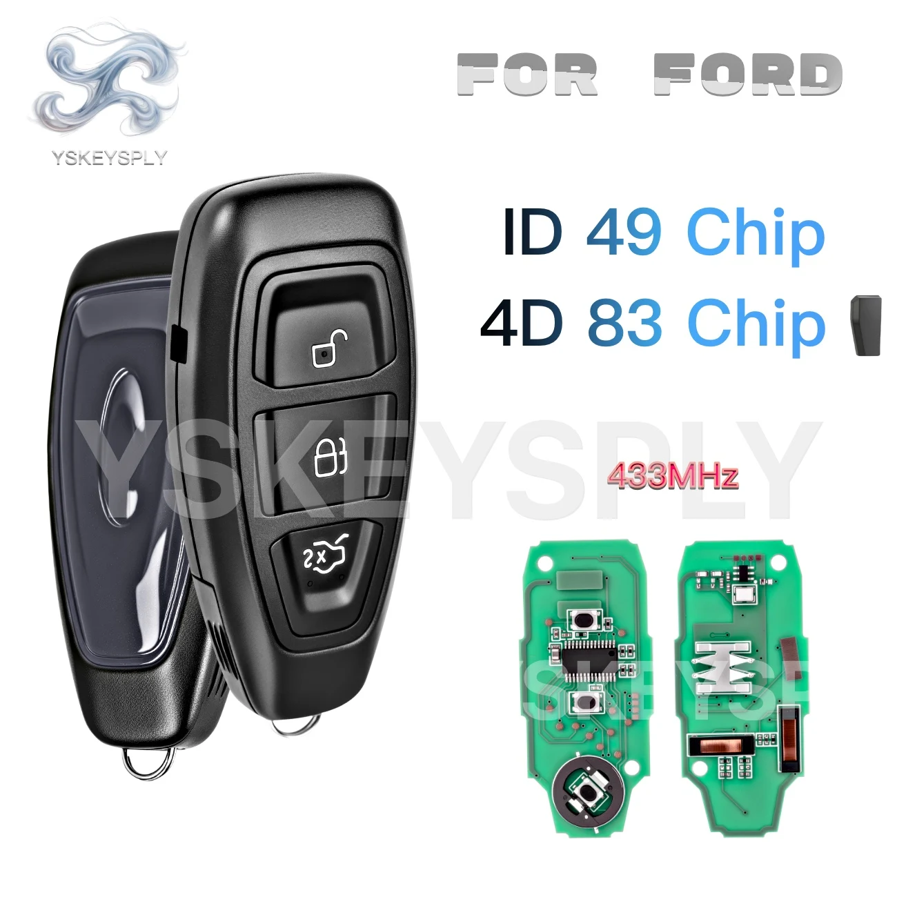 

For Ford Proximity Smart Key 3 Button ID49 4D-83 Chip Uncut Blade For Focus Mondeo Kuga Fiesta B-Max C-Max