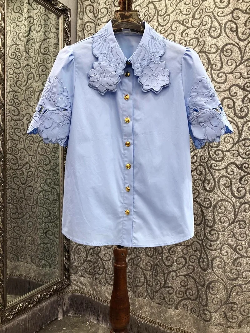 

100%Cotton Shirts 2025 Spring Summer Design Blouses Women Turn-down Collar Hollow Out Embroidery Short Sleeve Blue Striped Shirt