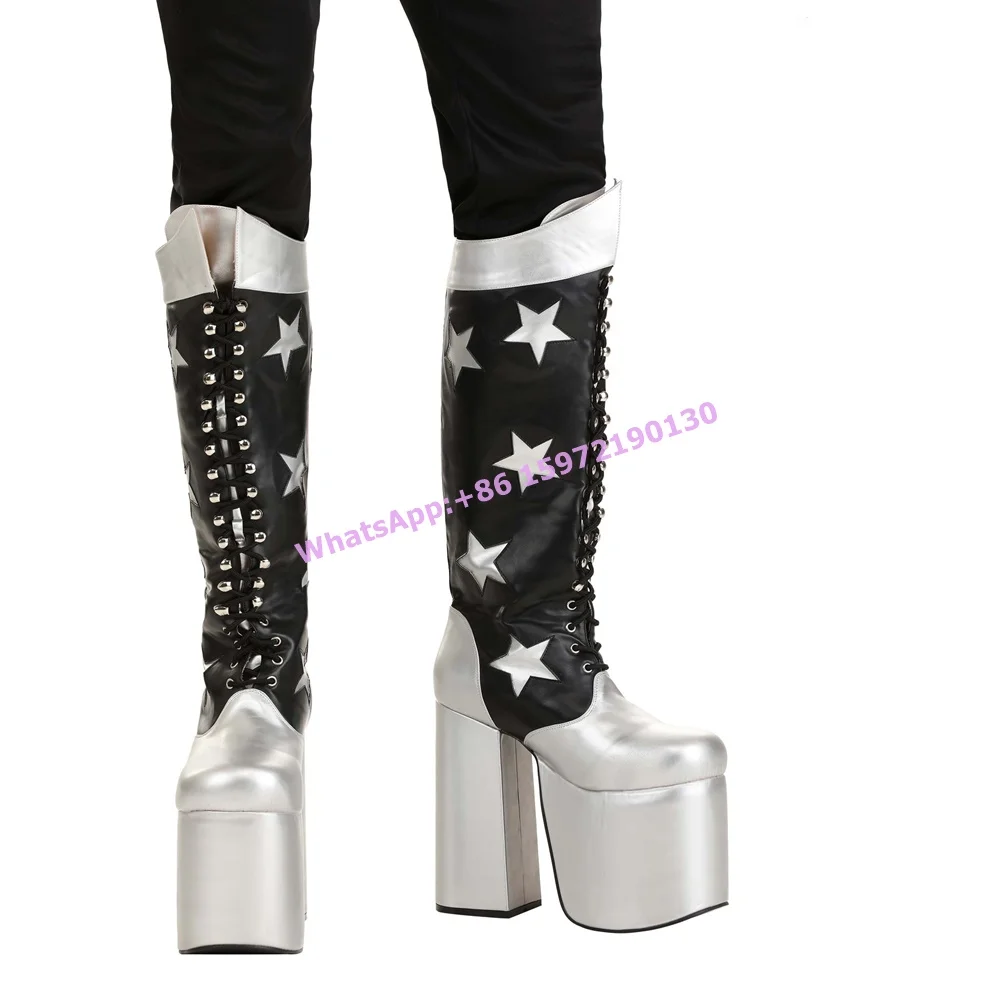 

Five-Pointed Star Patchwork Boots Platform Square Heels Cross Toed Lace Up Black Silvery Shoes Fashion Sexy Knee High Boots