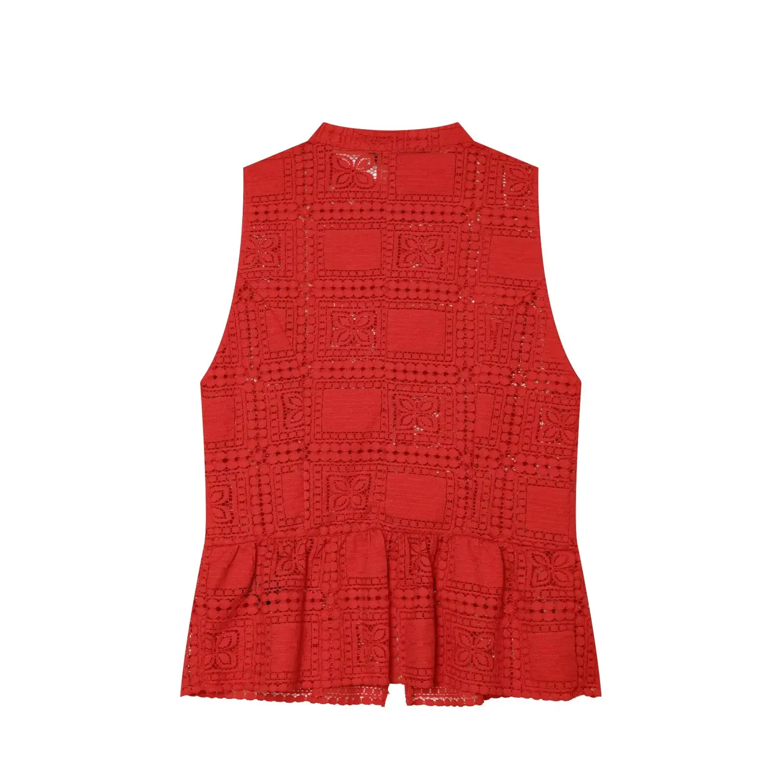 Willshela Women Fashion Red Lace Hollow Out Single Breasted Vest Vintage O-Neck Sleeveless Female Chic Lady Tanks Tops