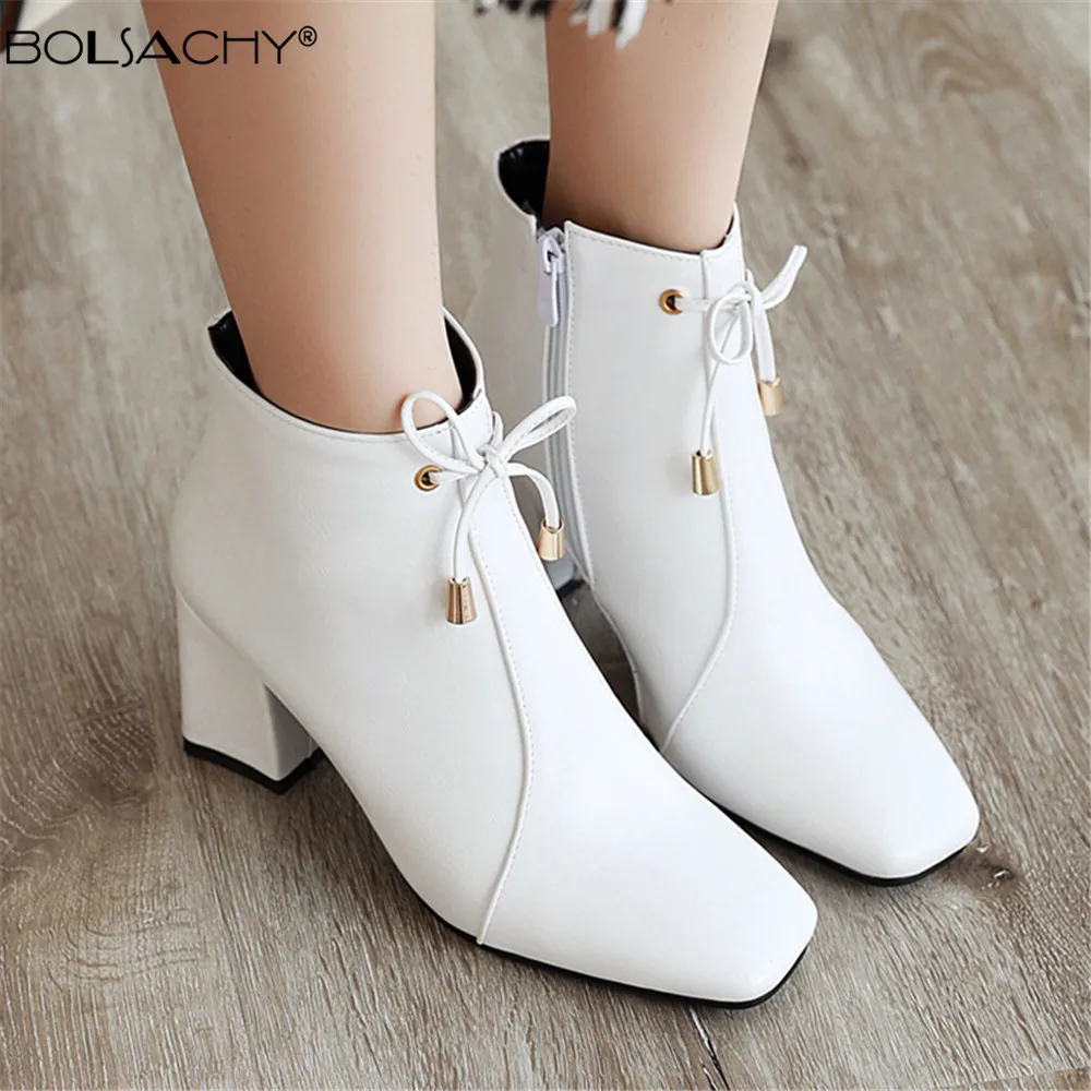 

New Women Side Zipper Мартин Cапоги Comfortable Ankle Boots Fashion Shoes Black Red White Square Heel Cross Strap Ladies Boats