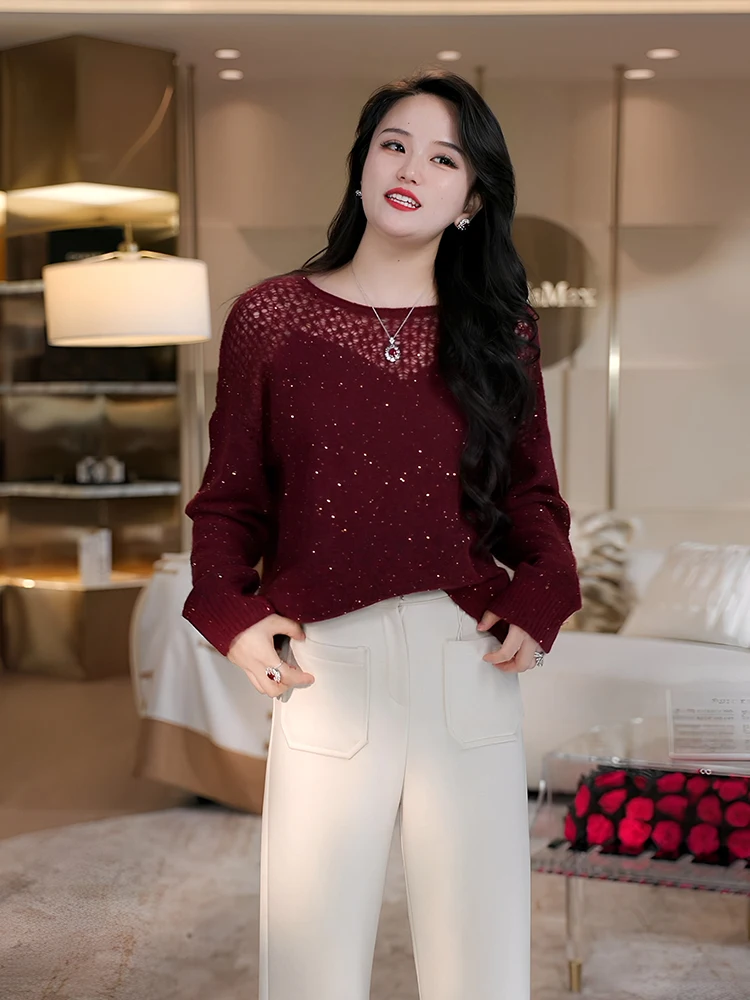 

Женский трикотажный топ из шерсти с вырезами и пайетками, весна-осень, новый дизайн, повседневный свободный крой, теплый