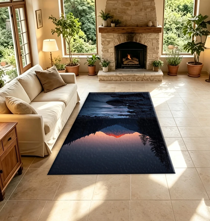 Mountain and River Night Scene Carpet, Natural Landscape Print Floor Carpet Suitable for Home Living Room and Bedroom