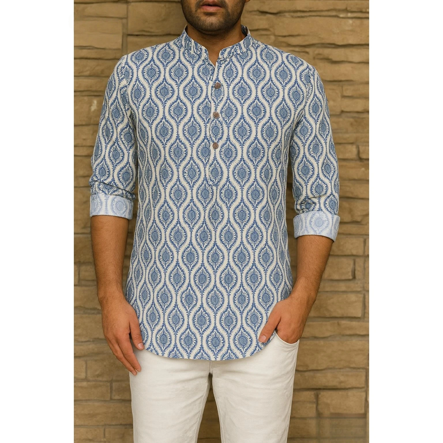 

2026 мусульманская мужская одежда с воротником-стойкой и золотым принтом, рубашка с длинными рукавами, модная повседневная одежда Camicia Araba Islam Maroc Homme