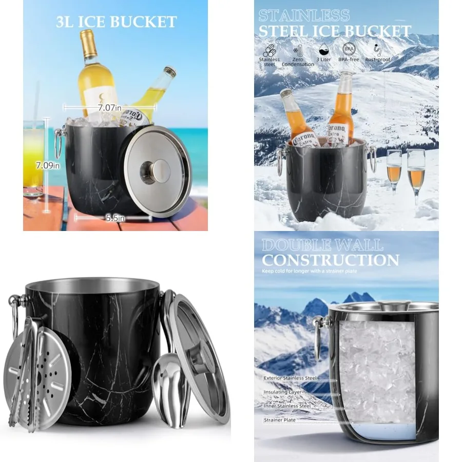 

3 Liters Ice Bucket, Double Wall Stainless Steel, Insulated Ice Bucket, Including Strainer Ice Cover Ice Tongs, Scoope, Black M