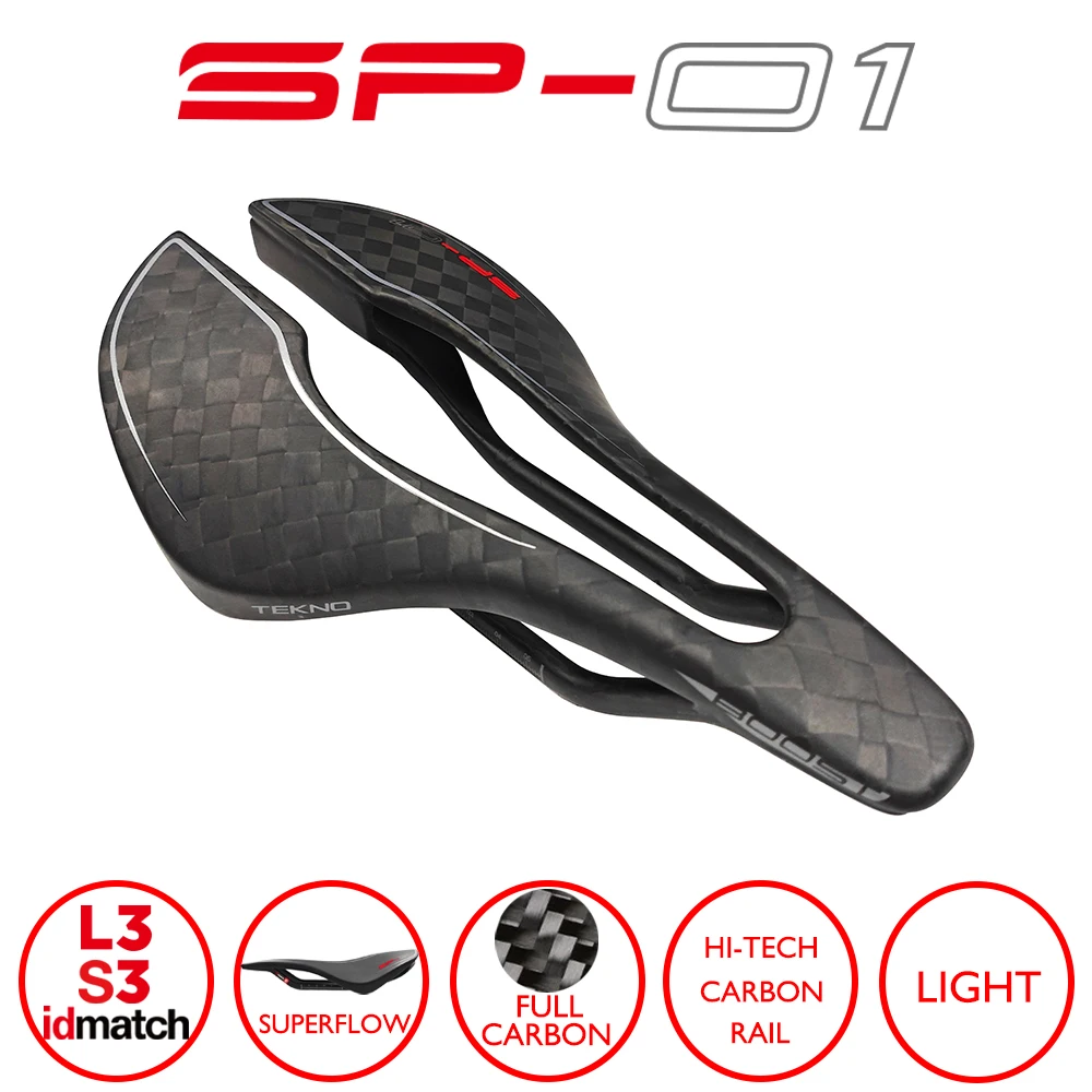 Carbon fiber SP-01 BOOST Tekno Superflow bicycle saddle, for road/triathlon/MTB, Hollow/BOOST Short Nose/Split Tail Design, 124g