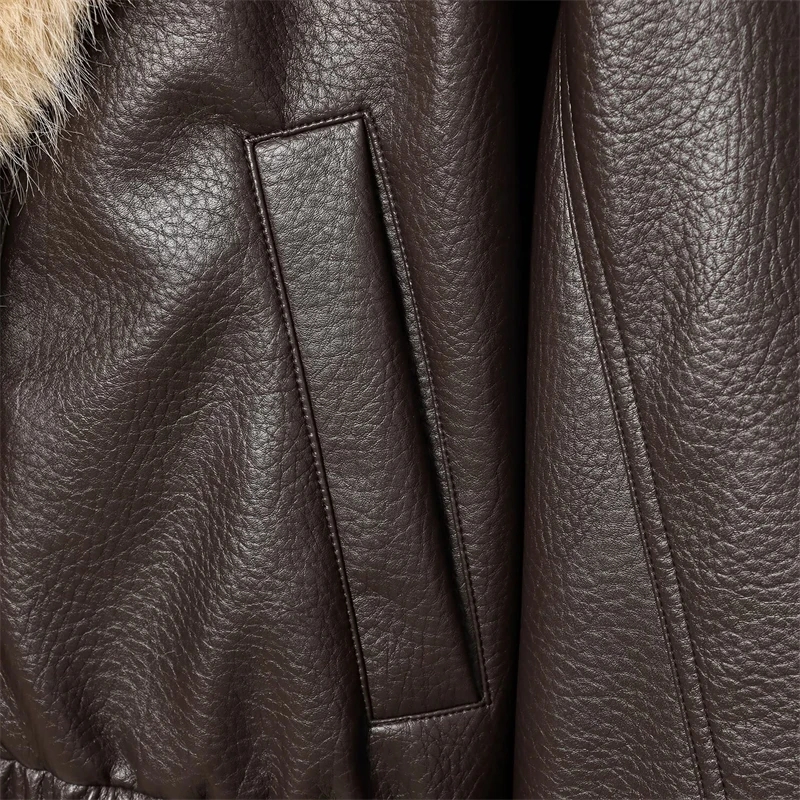 Keanketian 2025 inverno nova pele sintética feminina decorada jaqueta de couro artificial moda luxo duplo breasted grosso casaco quente