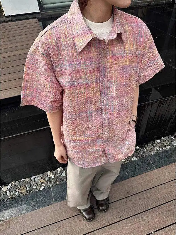 

Pink Bubble Shirt Men's Short Sleeve Plaid Dopaamine Spring Summer Retro American Style Couple's Outerwear Breathable Moistur...