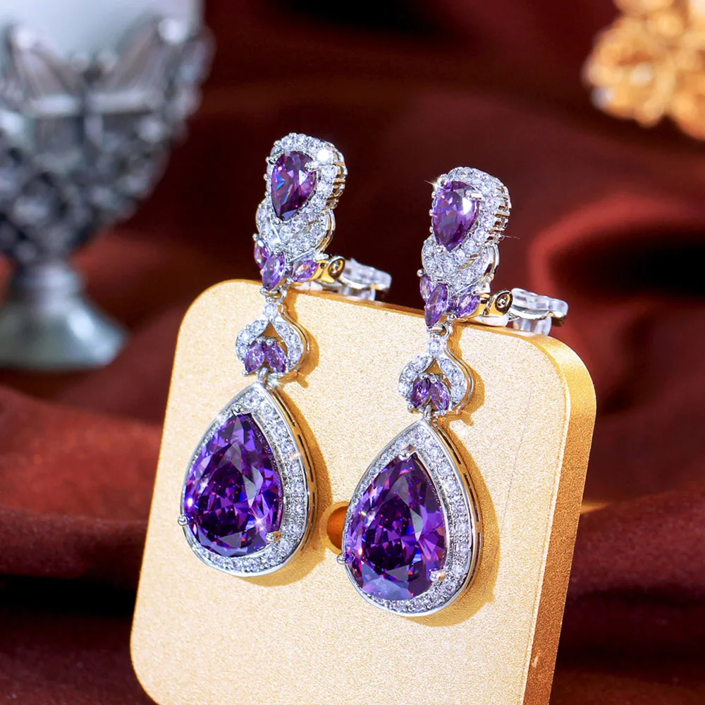 CWWZircons Bezaubernder lila Wassertropfen-Ohrclip mit Zirkonia-Besatz, Ohrringe ohne Ohrloch für Damen, Abendparty-Schmuck EJ0045 – Detail 11