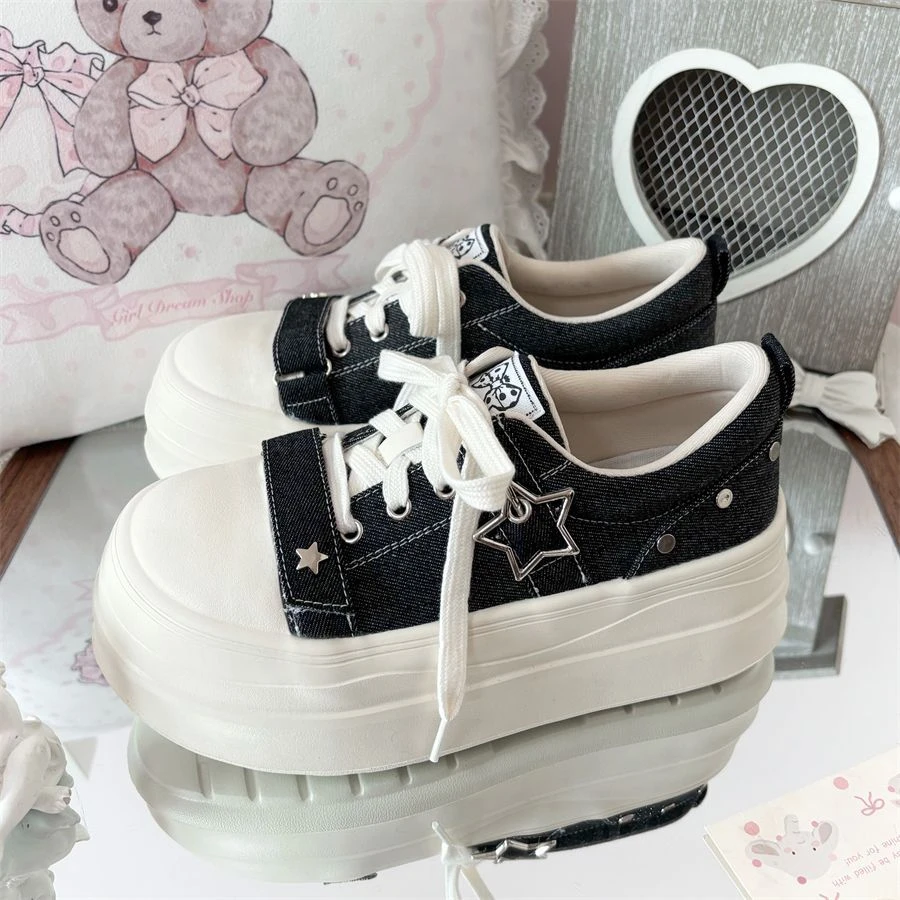 All Match Black Denim Canvas Shoes Women Star Metal Charm Strap Platform Sneakers Woman Non Slip Trainers Chunky Elevated Shoes