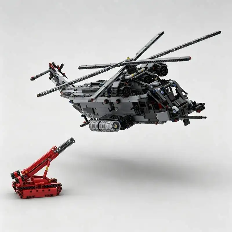 1937PCS Gray Heavy Lift Helicopter Building Blocks Aviation Engineering Model DIY Assembly Toy Rotating Rotor Display Collection