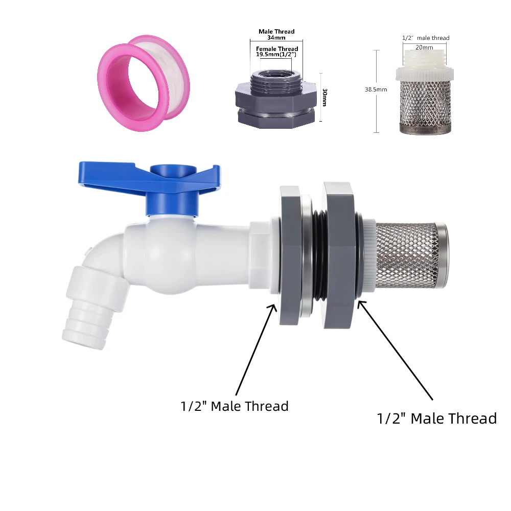 1/2 Inch Water Tank Fitting Tap Adapter Valve with Stainless Steel Filter Screen Water Valve for Aquarium Garden Irrigation