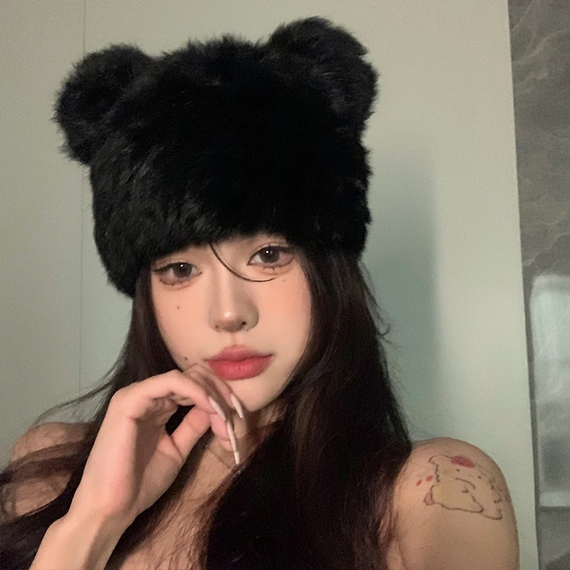 Korean Black Bear Ears Rabbit Fur Hat Cute Plush Wrap Head Cap Cold Warm Fur Caps