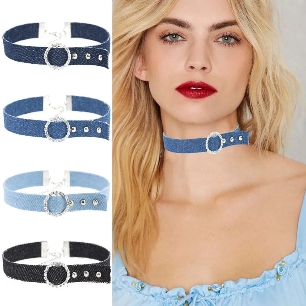 Punk Harajuku Simple Geometry Sexy Hot Girl Denim Circle Multicolored Stainless steel Water drill Necklace Clavicle chain
