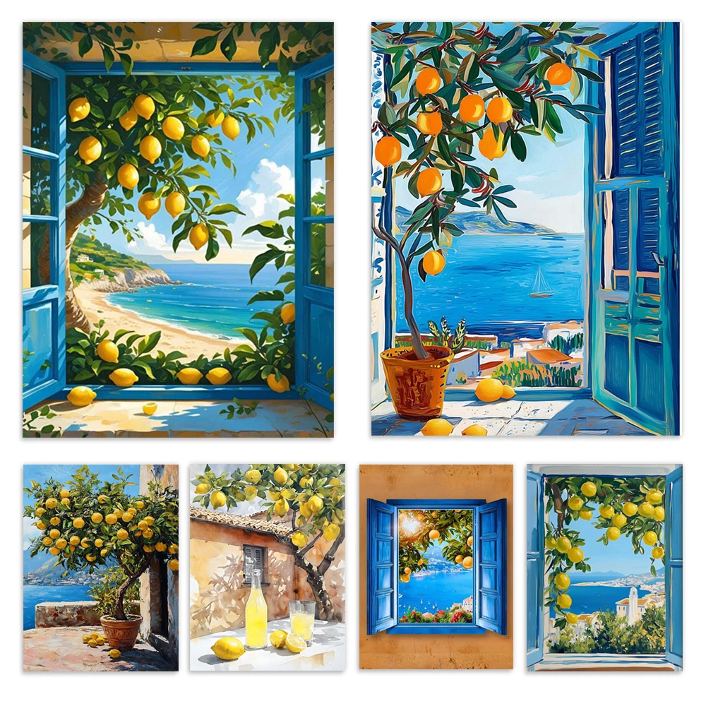Mediterranean window view with lemon print, coastal lemon trees, summer blue seaside poster of Italian and Greek islands.