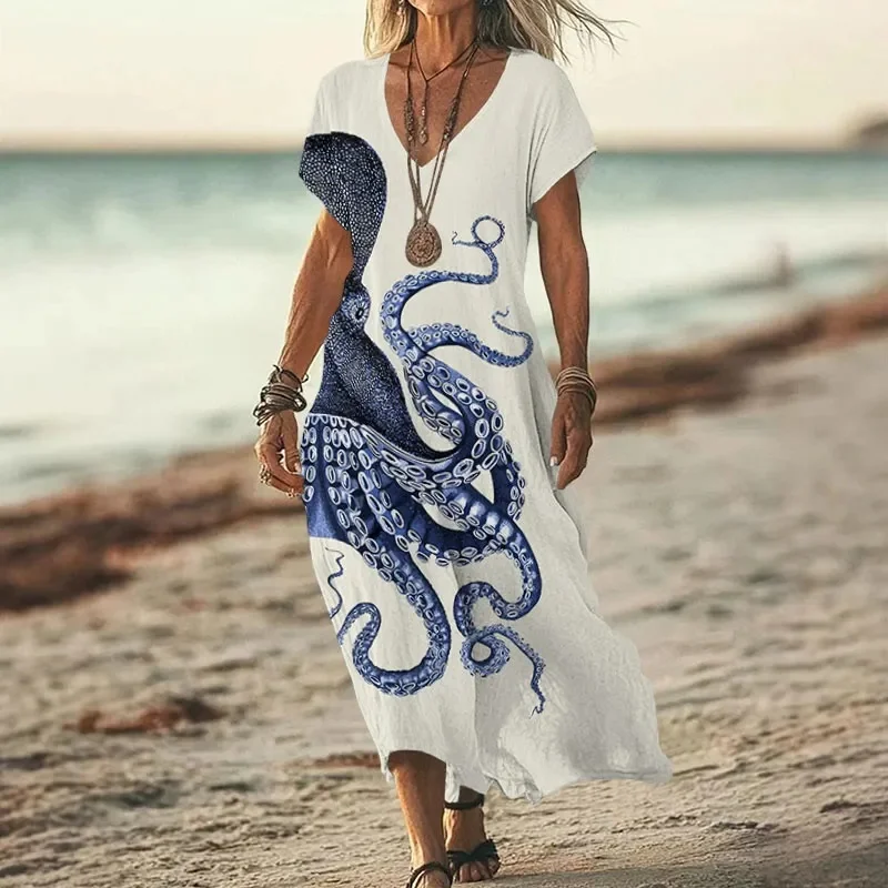 Japanese Art Octopus Graphic Art Print V-neck Dress 3D Printed Casual V-neck Dress Female Dresses