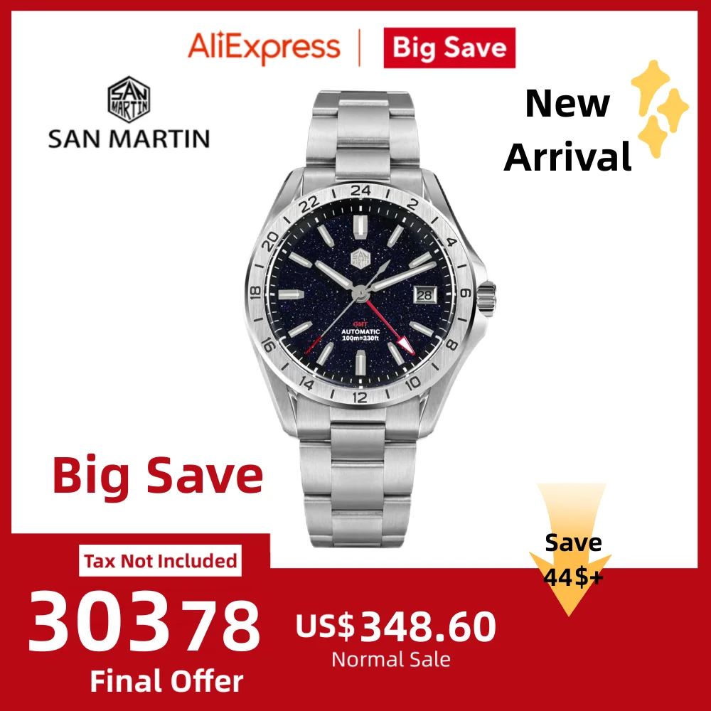 San Martin-Relógio masculino com mostrador de pedras preciosas, pulseira impermeável, relógio de pulso luxuoso, luminoso, Sapphire, NH34, 10Bar, 39mm, SN0129B