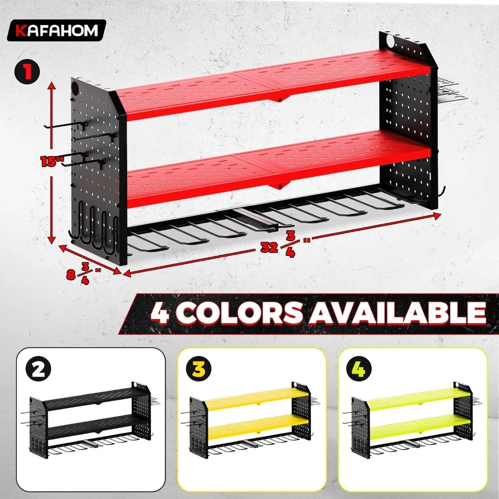 Heavy Duty Metal Tool Shelf, Power Organizer, Grande 8 Drill Holder, Montagem na parede com 2 pegboards laterais, 12 ganchos