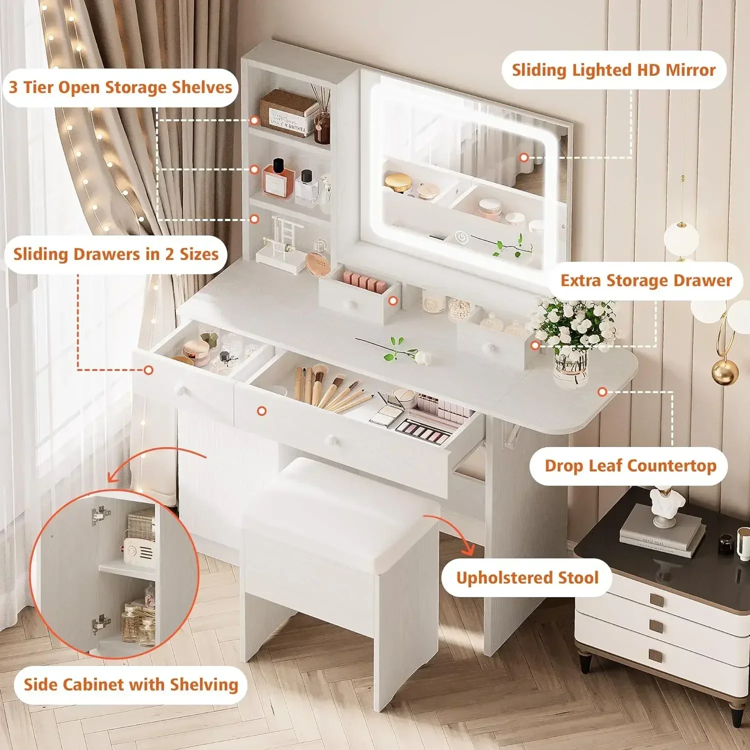 LIKIMIO Vanity Desk with Drawers & LED Lighted Mirror & Power Outlet & Cabinet, Storage Stool, Stylish Bedroom Makeup