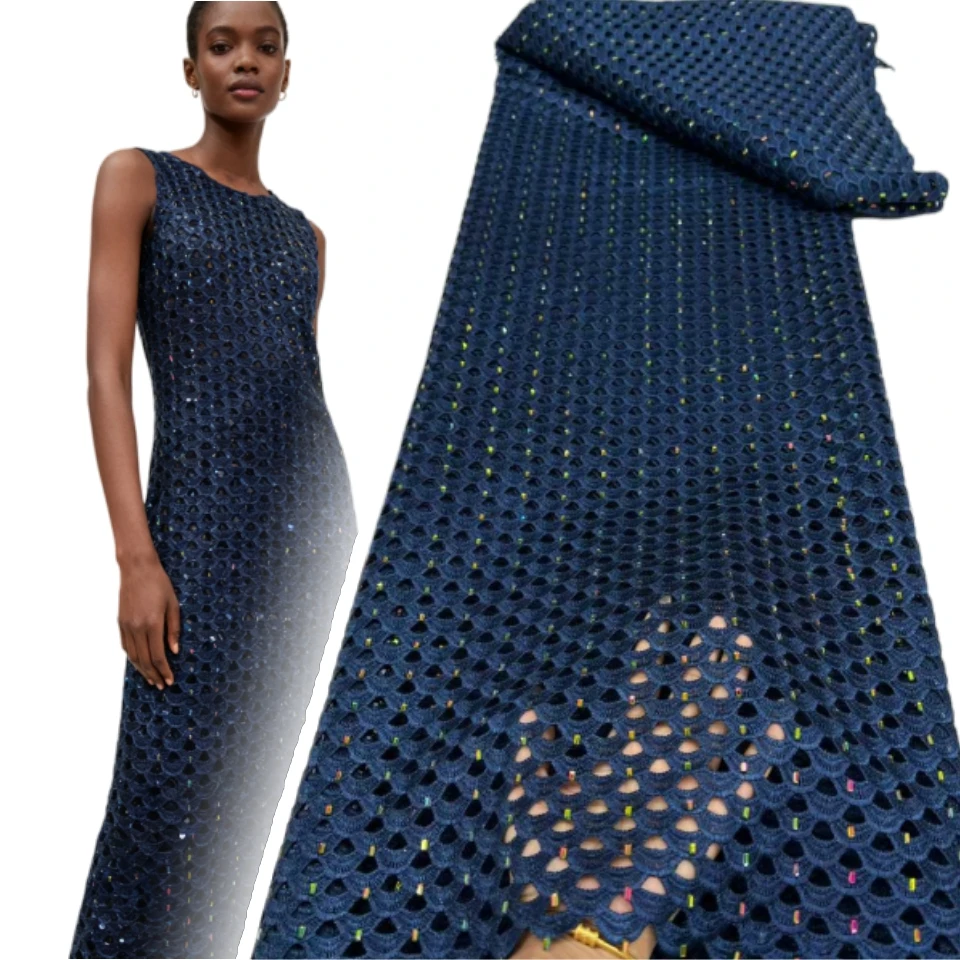 

2025 Latest High Quality African Nigerian Water Soluble Cord Lace Fabric Embroidery Crystal Stone Cotton Party Dress SZ1796