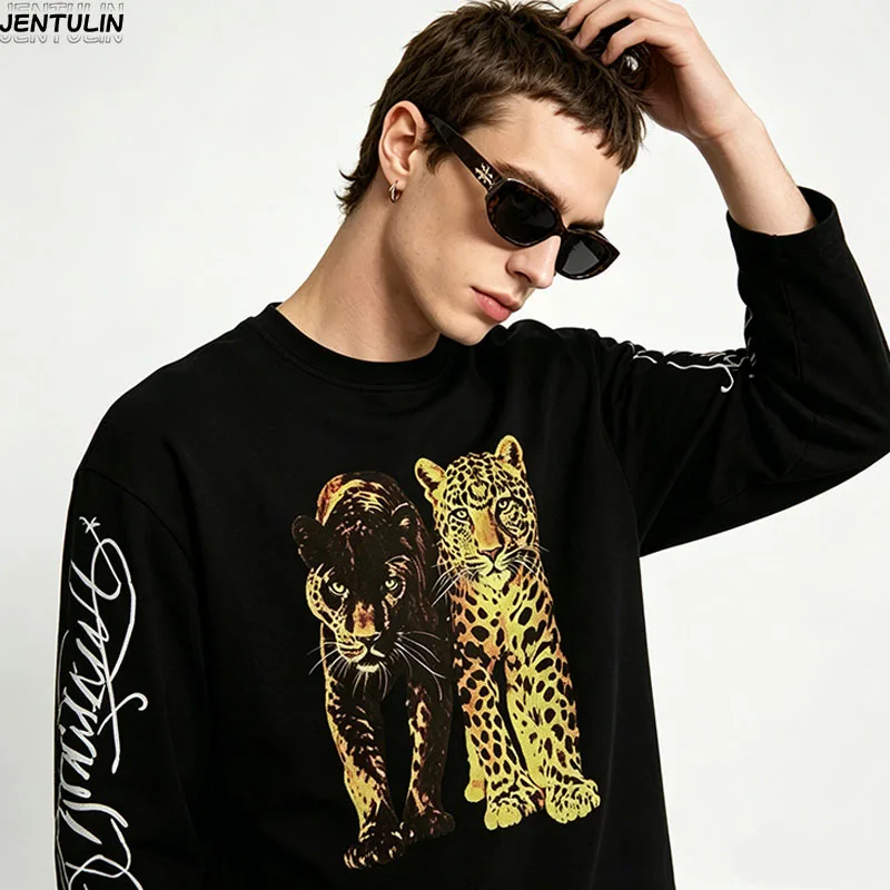 Aesthetic Retro Y2k Leopard Head Print Oversized Tee Street Trendy Double Leopard Pattern Loose Men Short Sleeved T-shirt Unisex