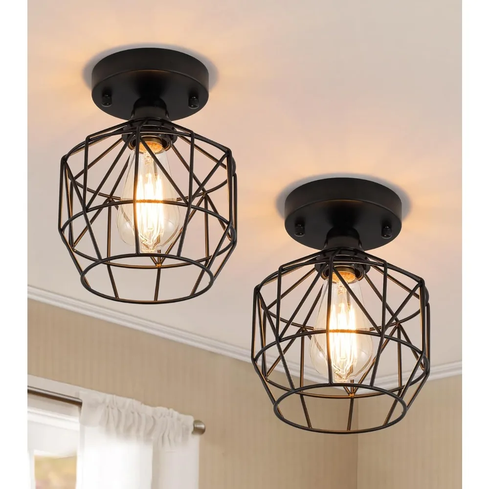 

Retro Black Wire Cage Semi Flush Mount Ceiling Light Metal Ceiling Light Fixture for Hallway Closet Kitchen Stairway Bedroom