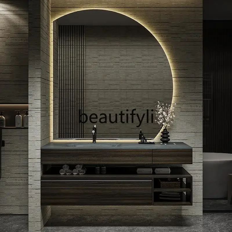 New bathroom cabinet combination bathroom washstand rock slab hot bending integrated basin washbasin D80