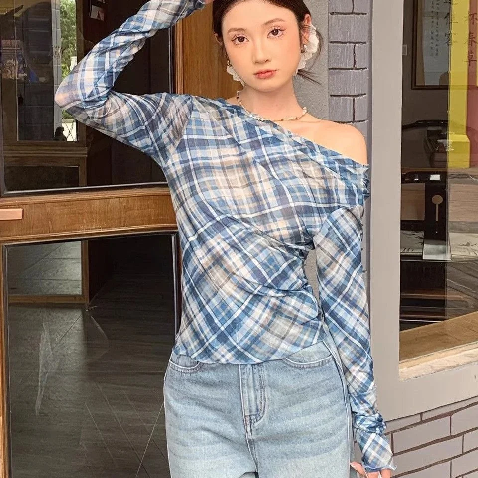 Sommer Neue Plaid Spitze ort Sve Lange Sve oulder Bared frauen Slim Fit T-shirt Cover up Koreanische Sle Pendeln Faion