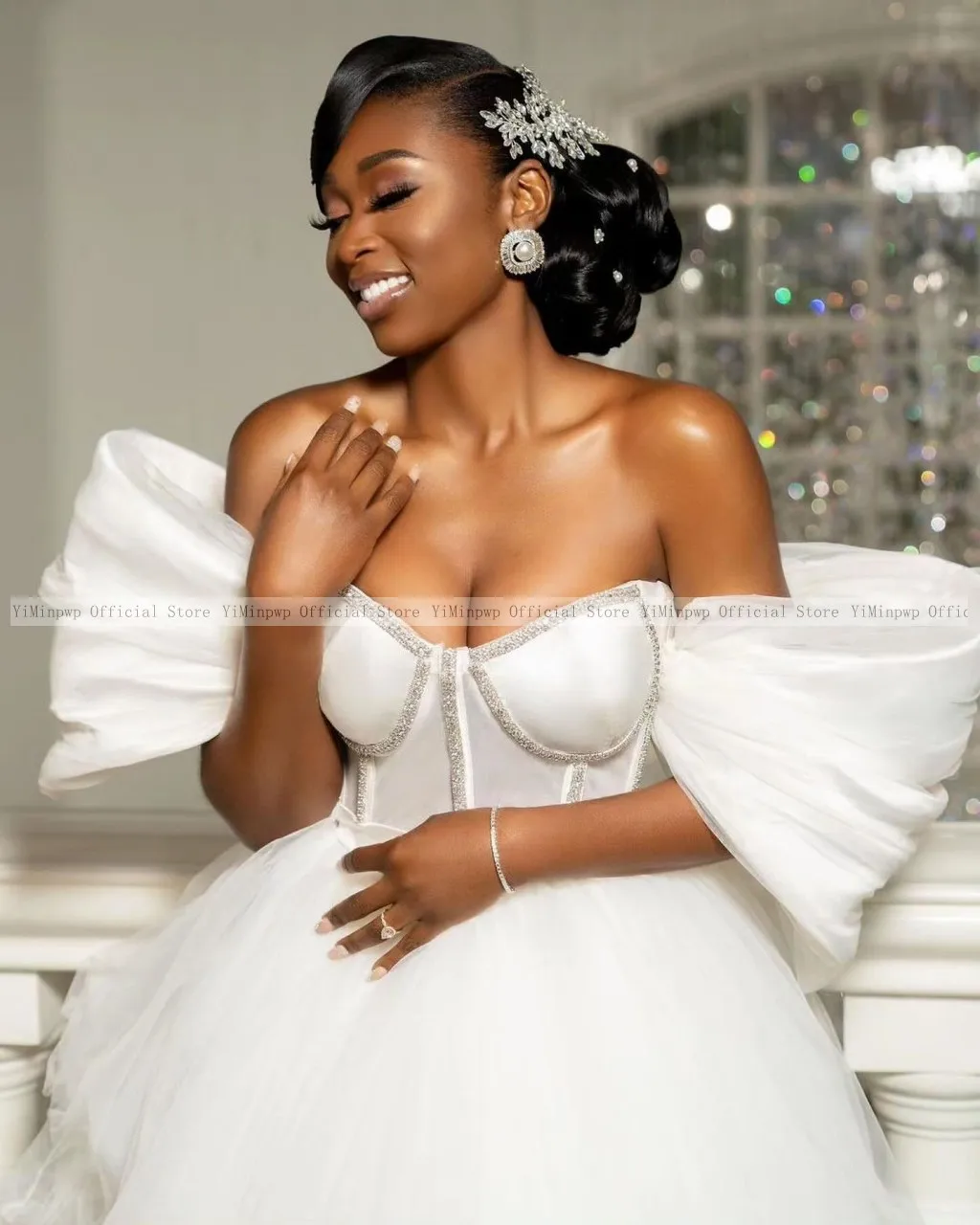 High Low Bride Robe for Wedding Off Shoulder Sweet Heart Corset Back Beads Tulle Tiered Africa Bridal Shower Dresses Customized