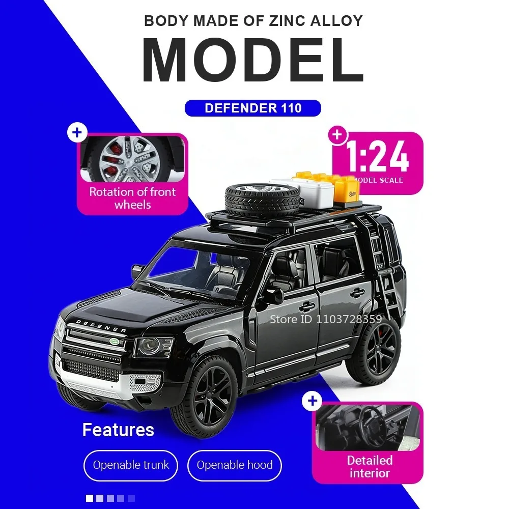 

1:24 Model Toy Defender Range Rover Off-road Cars Alloy Diecast Shock Absorption Sound Light Doors Opened Home Decoration Models