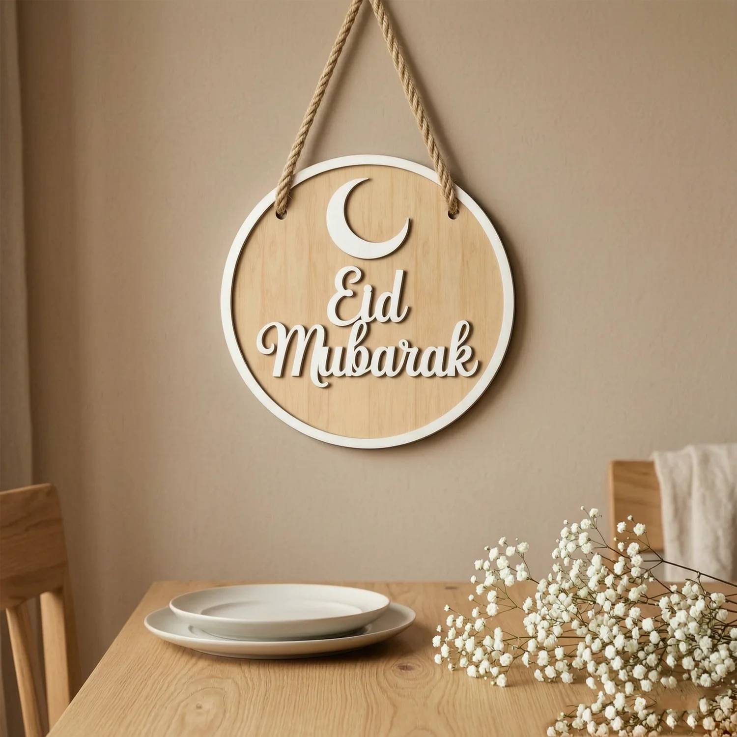 Eid Mubarak Wooden Door Hanger, Islamic Muslim Crescent Sign with Jute Rope, Ramadan Eid Al-Fitr Al-Adha Home Wall Porch Decor