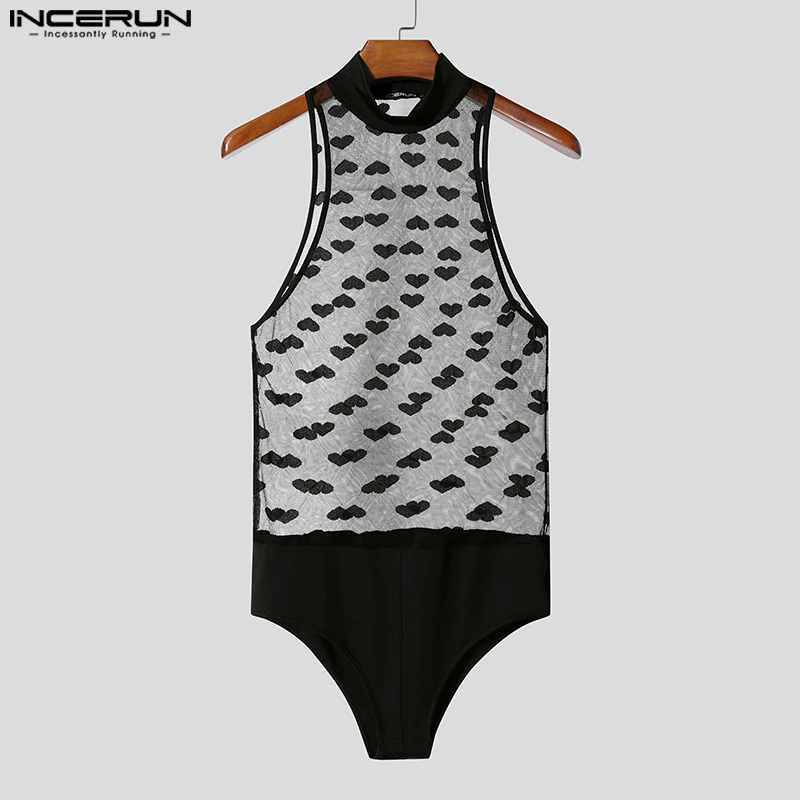 Fashion INCERUN Men Bodysuits Printing Mesh Patchwork See Through Sexy Male Rompers Sleeveless Bodysuit Men S-5XL Men Clothing