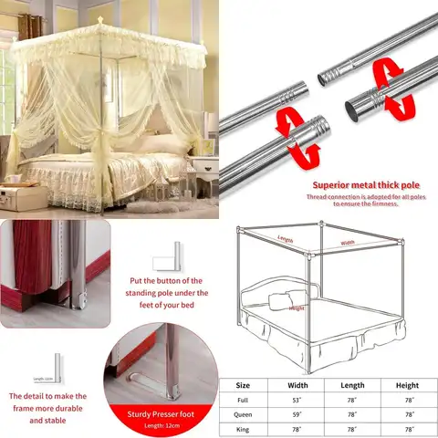 Sturdy King-Size Canopy Bed Frame with Thick Stainless Steel Poles, Suitable for Metal/Wood Beds, Enhances Bedroom Aesthetics